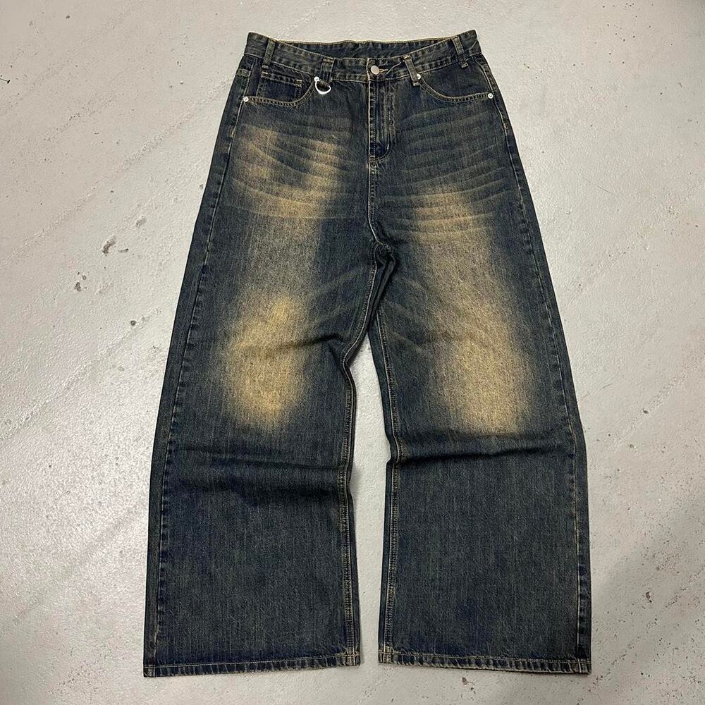NAVY MUD WASH WIDE LEG BAGGY DENIM 28 WAIST